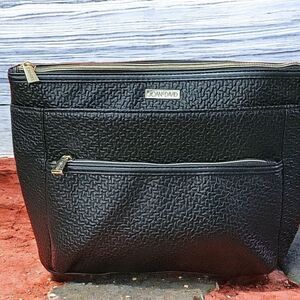 JOAN & DAVID Women's Black Large Leather Make Up Bag Gold Hardware